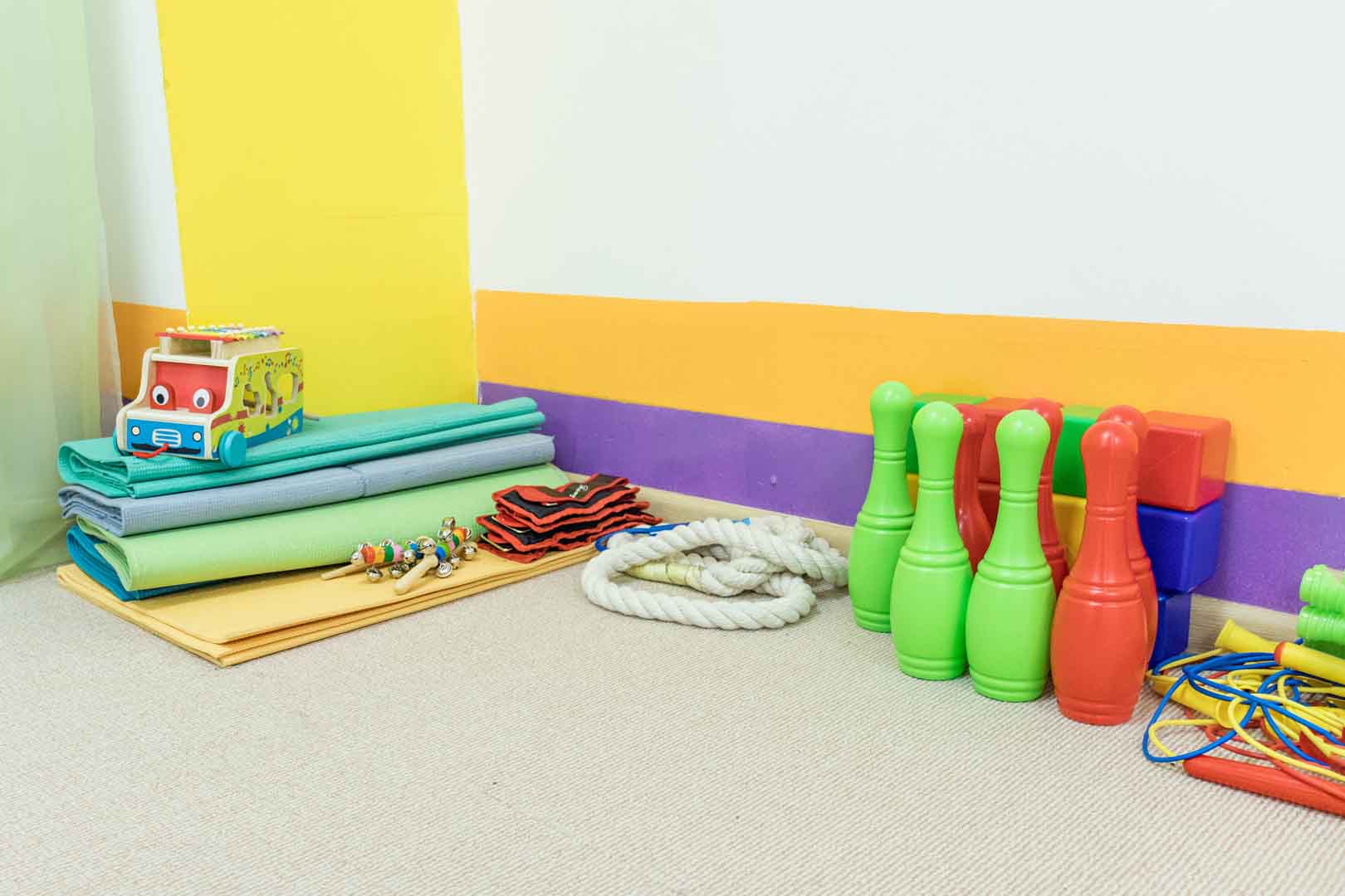 Colorful sensory integration equipment used during occupational therapy sessions at OrbRom Center Phnom Penh