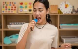Therapist at OrbRom Center demonstrating use of a chewable oral motor tool to support speech development and sensory needs in children