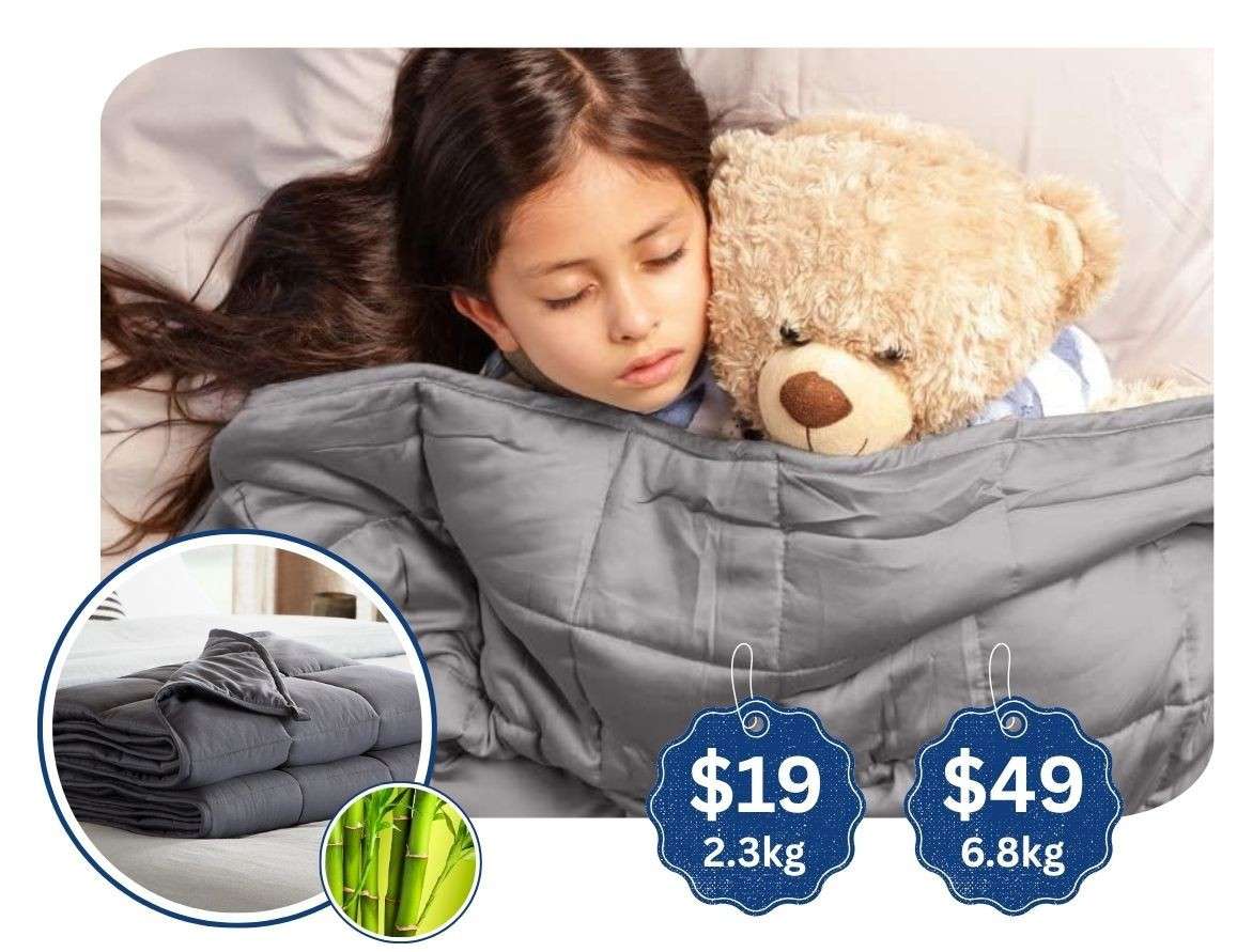 Child sleeping under a grey bamboo weighted sensory blanket while hugging a teddy bear—designed for anxiety relief, better sleep, and sensory regulation.