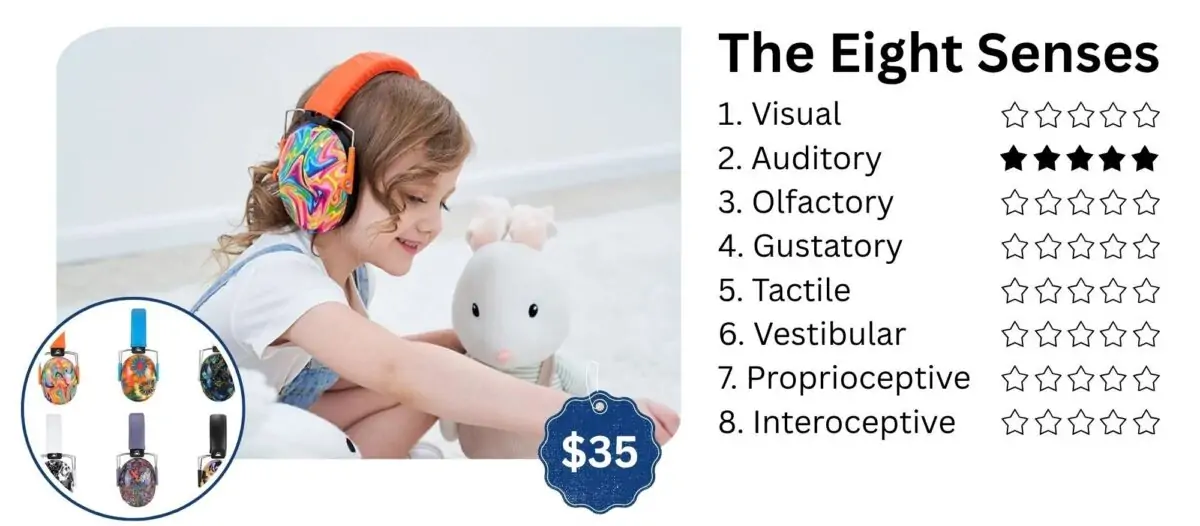 A young child wearing colorful noise-cancelling headphones while playing quietly, receiving auditory relief at OrbRom Center in Phnom Penh