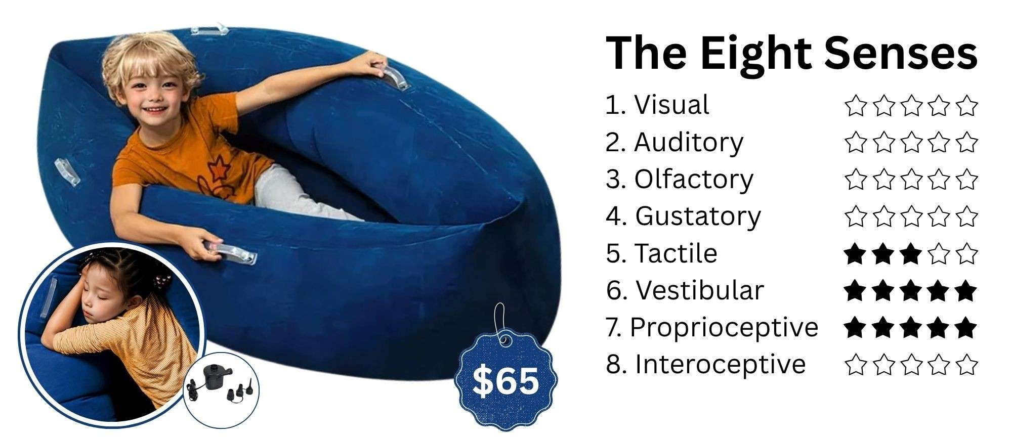 Sensory Peapod Inflatable sensory peapod for children offering deep pressure input and calming tactile feedback—ideal for autism, ADHD, and sensory processing therapy. Kids relaxing in blue compression pod for proprioceptive and vestibular support.