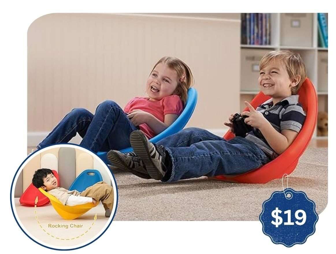 Children using colorful sensory rocking chairs for vestibular and proprioceptive input—ideal for autism therapy and sensory integration activities at home or in classrooms.