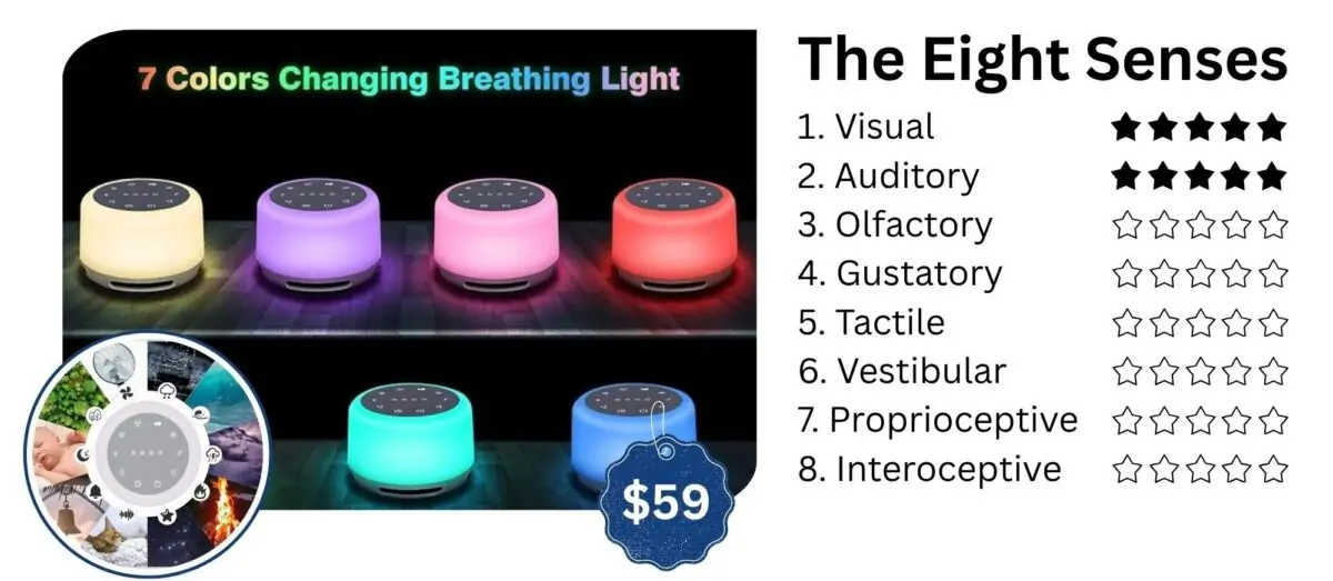 A collection of sleep sound machines with calming lights and sound features, designed to support children’s sensory regulation at OrbRom Center Phnom Penh