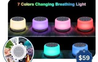 Colorful sleep sound machines with 7 changing LED lights displayed in a row, promoting a $59 sensory support device for children with autism, ADHD, or sensory processing needs. Includes sound options and sensory ratings for visual, auditory, and proprioceptive input.