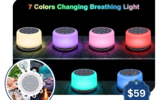 Colorful sleep sound machines with 7 changing LED lights displayed in a row, promoting a $59 sensory support device for children with autism, ADHD, or sensory processing needs. Includes sound options and sensory ratings for visual, auditory, and proprioceptive input.