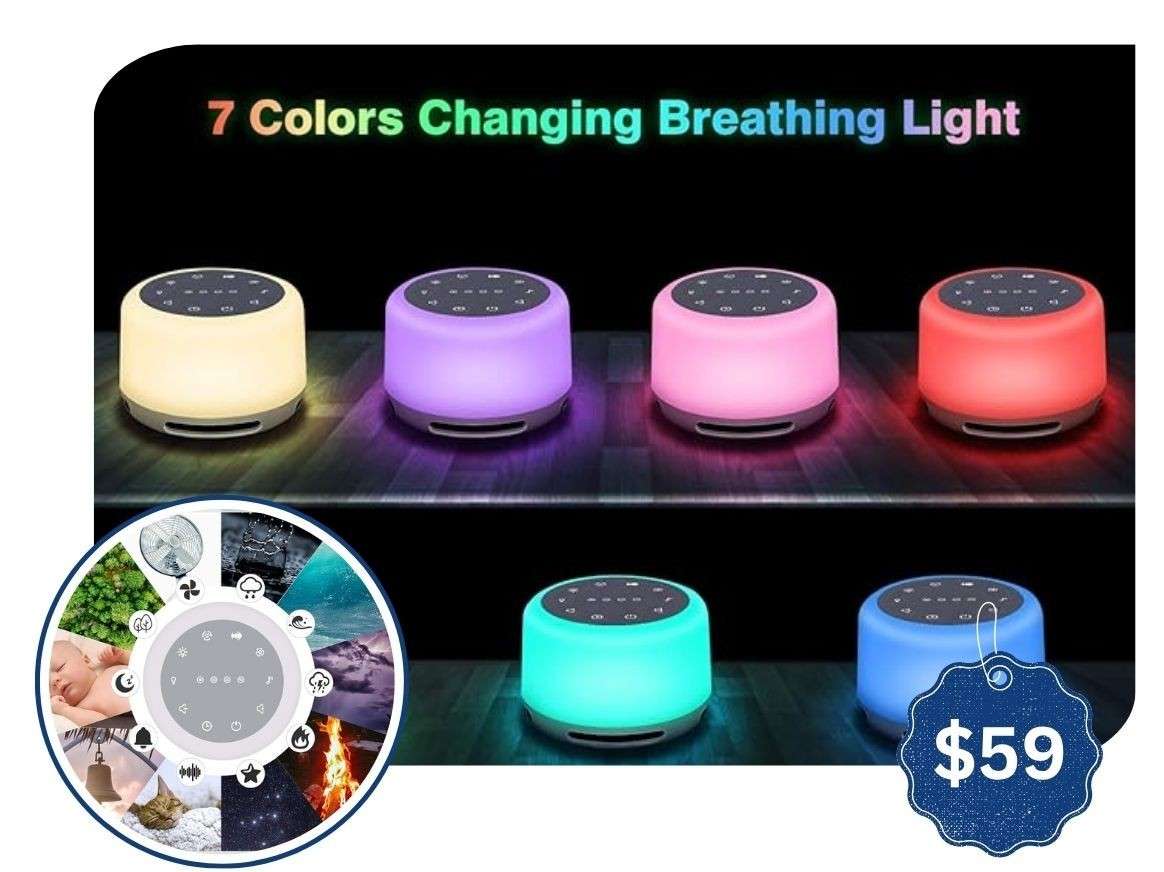 Colorful sleep sound machines with 7 changing LED lights displayed in a row, promoting a $59 sensory support device for children with autism, ADHD, or sensory processing needs. Includes sound options and sensory ratings for visual, auditory, and proprioceptive input.