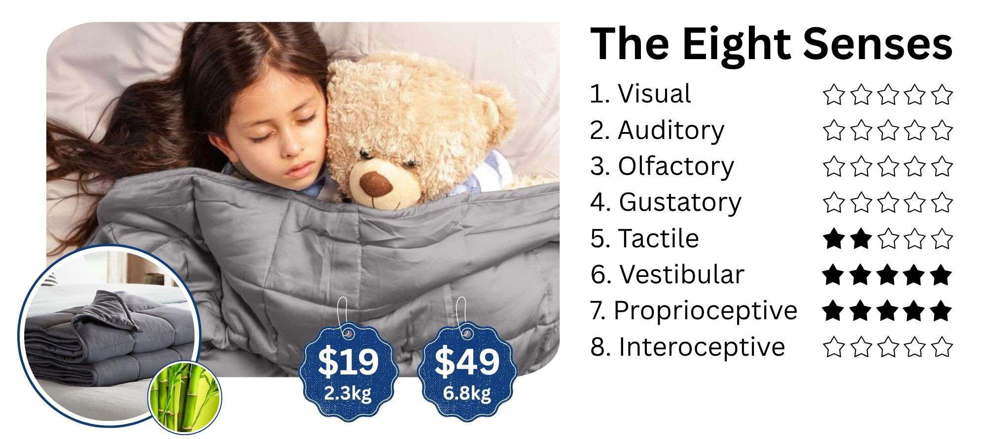 Child sleeping under a grey bamboo weighted sensory blanket while hugging a teddy bear—designed for anxiety relief, better sleep, and sensory regulation.