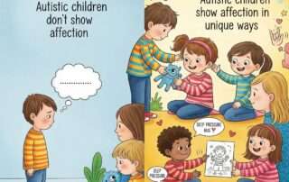 Illustration showing myth vs fact: “Autistic children don’t show affection” vs “Autistic children show affection in unique ways,” with children sharing toys, hugging, and drawing.