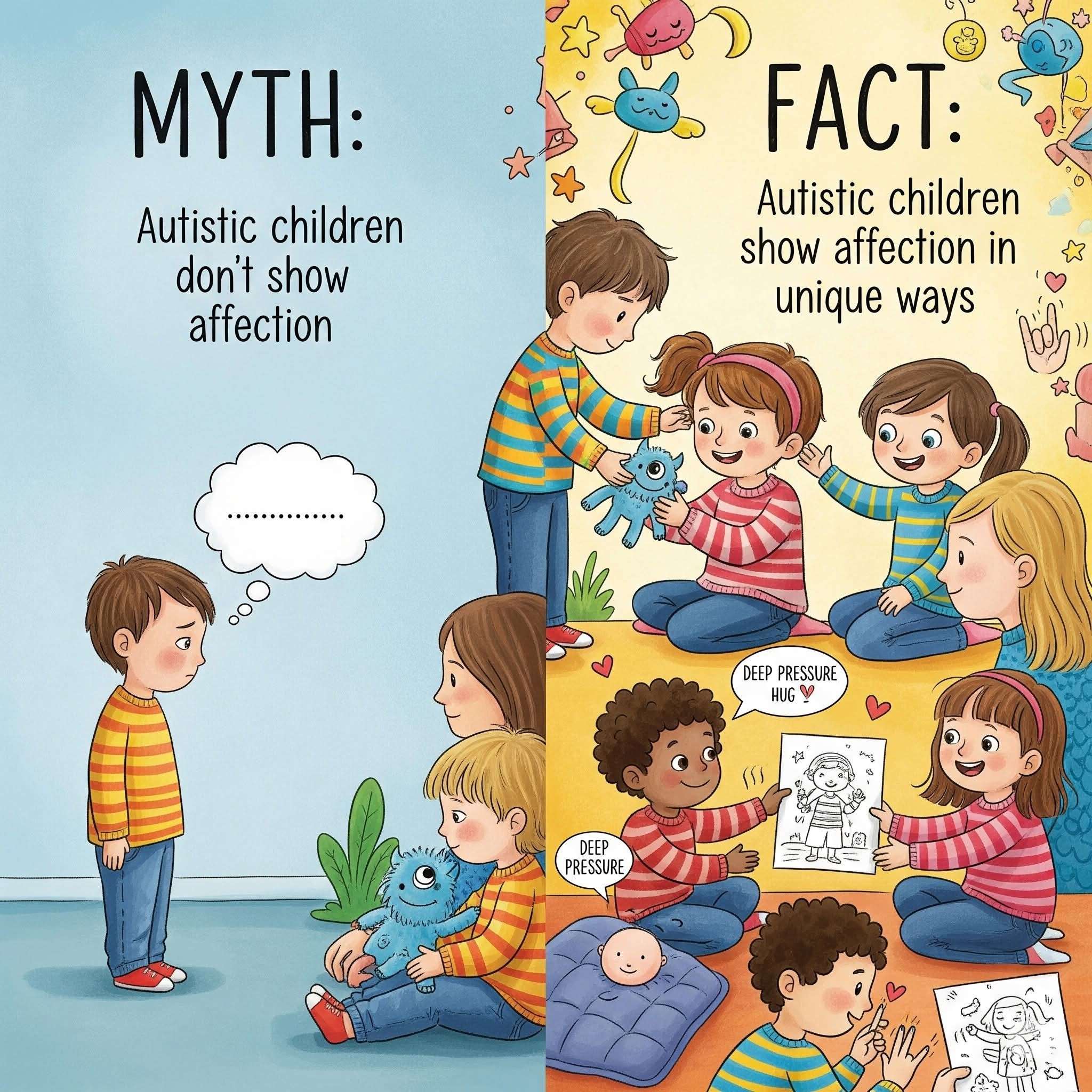 Illustration showing myth vs fact: “Autistic children don’t show affection” vs “Autistic children show affection in unique ways,” with children sharing toys, hugging, and drawing.