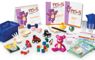 Child engaging in a play-based language assessment using the Preschool Language Scales Fifth Edition (PLS-5) with a speech therapist at OrbRom Center