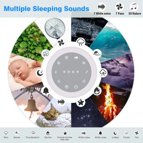 Sleep sound machine with calming white noise and color-changing lights for children