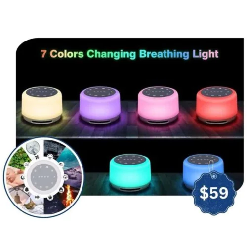Child relaxing with a sensory sleep sound machine and soft LED night light